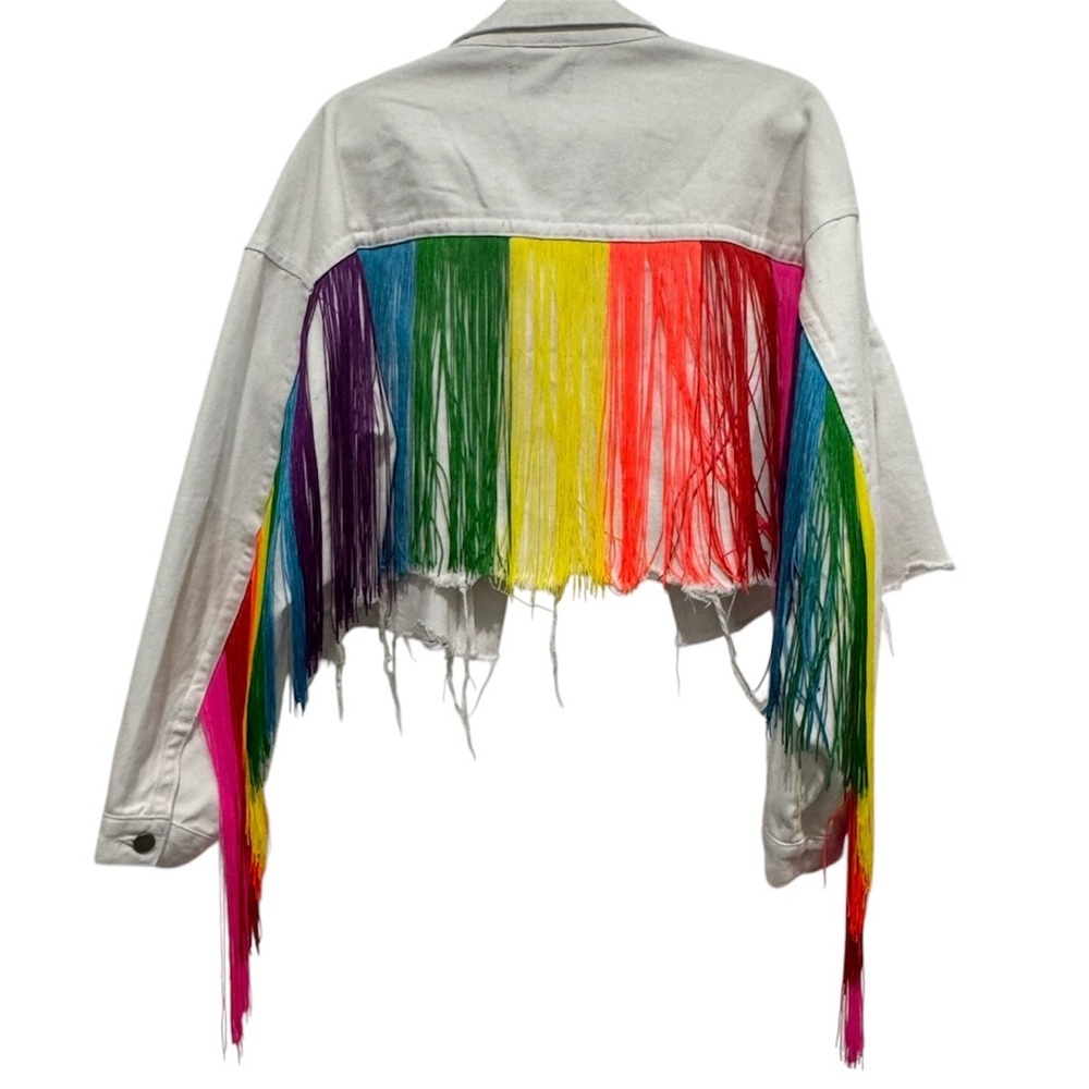 Dolls Kill Club‎ Exx Rainbow Fringe Cropped Distressed Denim Jacket Size XXL